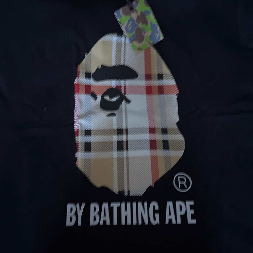 Bape Short Sleeve Tee with Beige Plaid Ape Head on Black